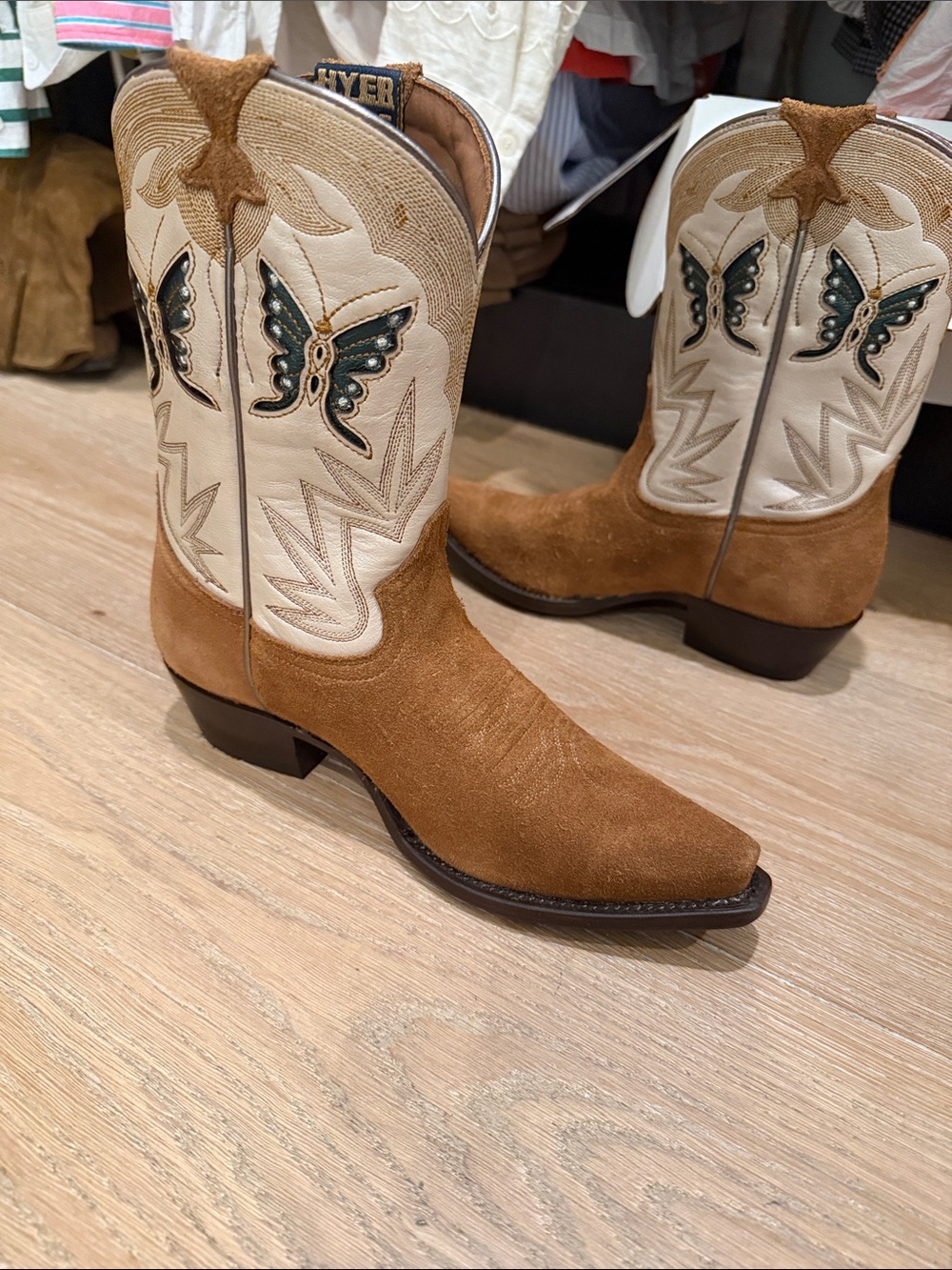 Butterfly Embroidered Tan Suede Western Boots
